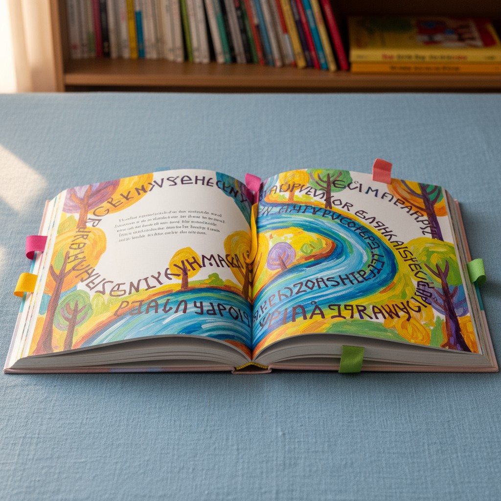 An open book with a blue cover on a blue tablecloth with a bookshelf full of books in the background.