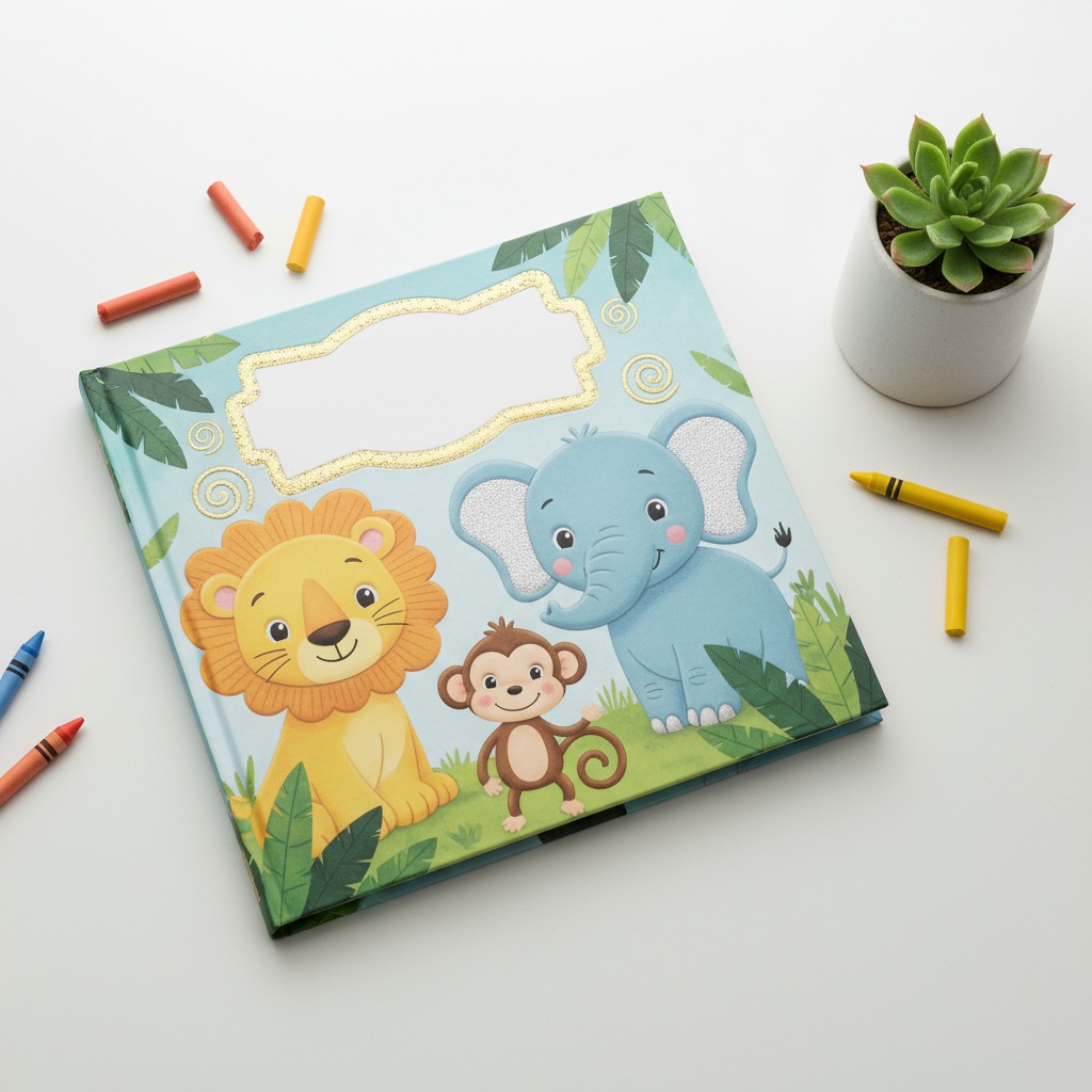 A cartoon illustration of a lion, elephant, and monkey on an illustrated book cover with space for a title, surrounded by ...