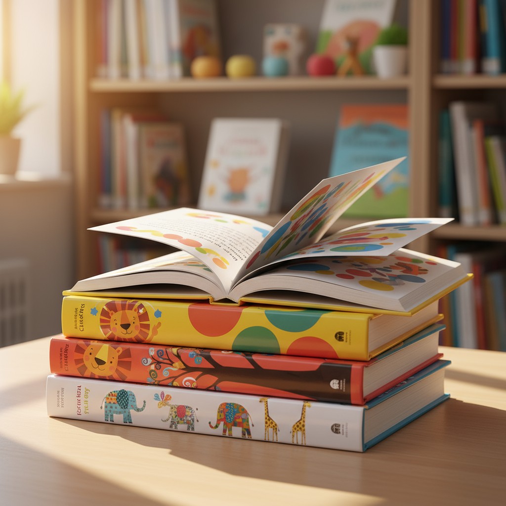 A stack of children’s books in various colours with cartoon animals and patterns.