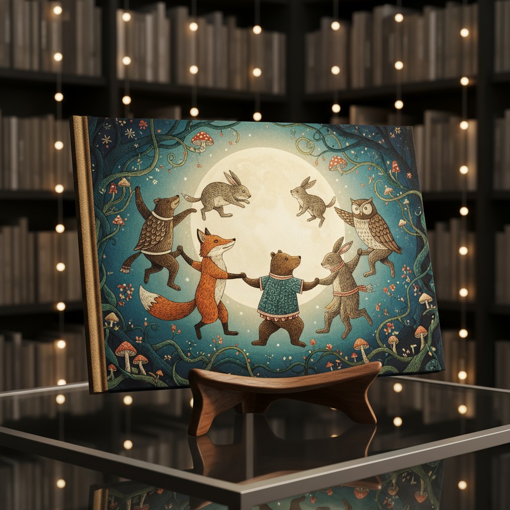 A whimsical illustration of woodland animals in the moonlight, dancing together in harmony, from a children's book on a st...