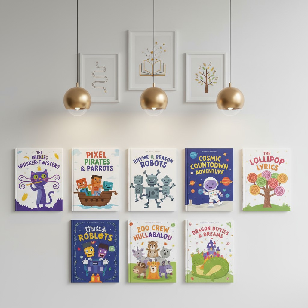 Eight books for children hung on a white wall with cartoon animal covers depicting robots, animals, and unlikely creatures...